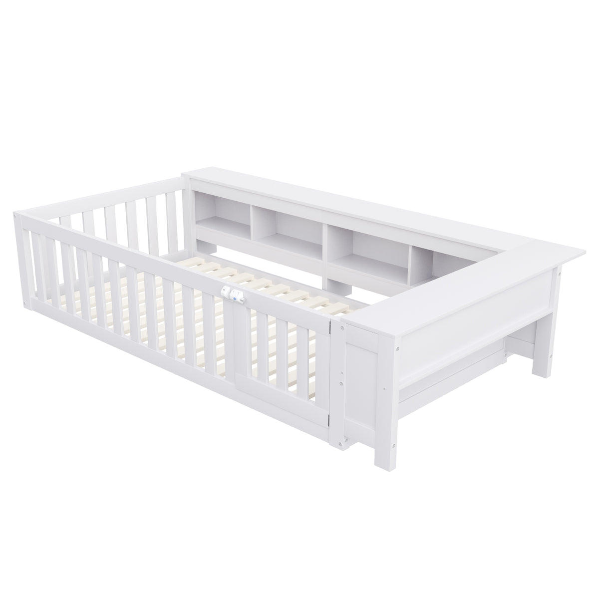 Kids Bed 90x200cm with Storage & Safety Rail, Solid Wood White