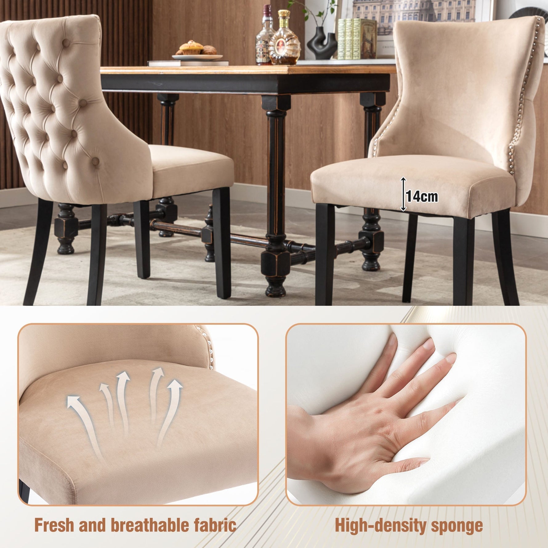Dining Chair Set of 2 Button Tufting Solid Wood Frame Beige Velvet