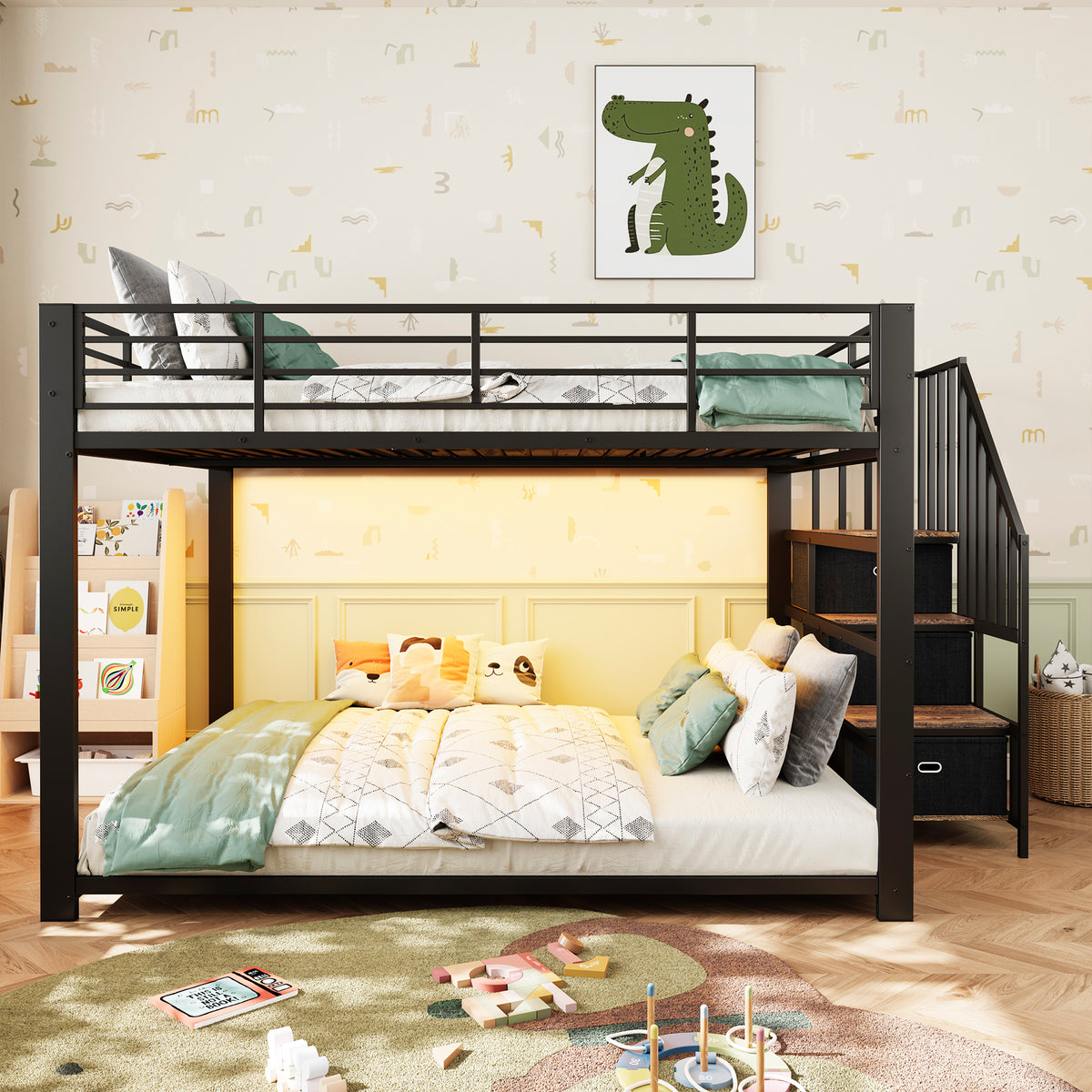 Metal Bunk Bed 140x200cm with Storage Stairs & LED Light, Black