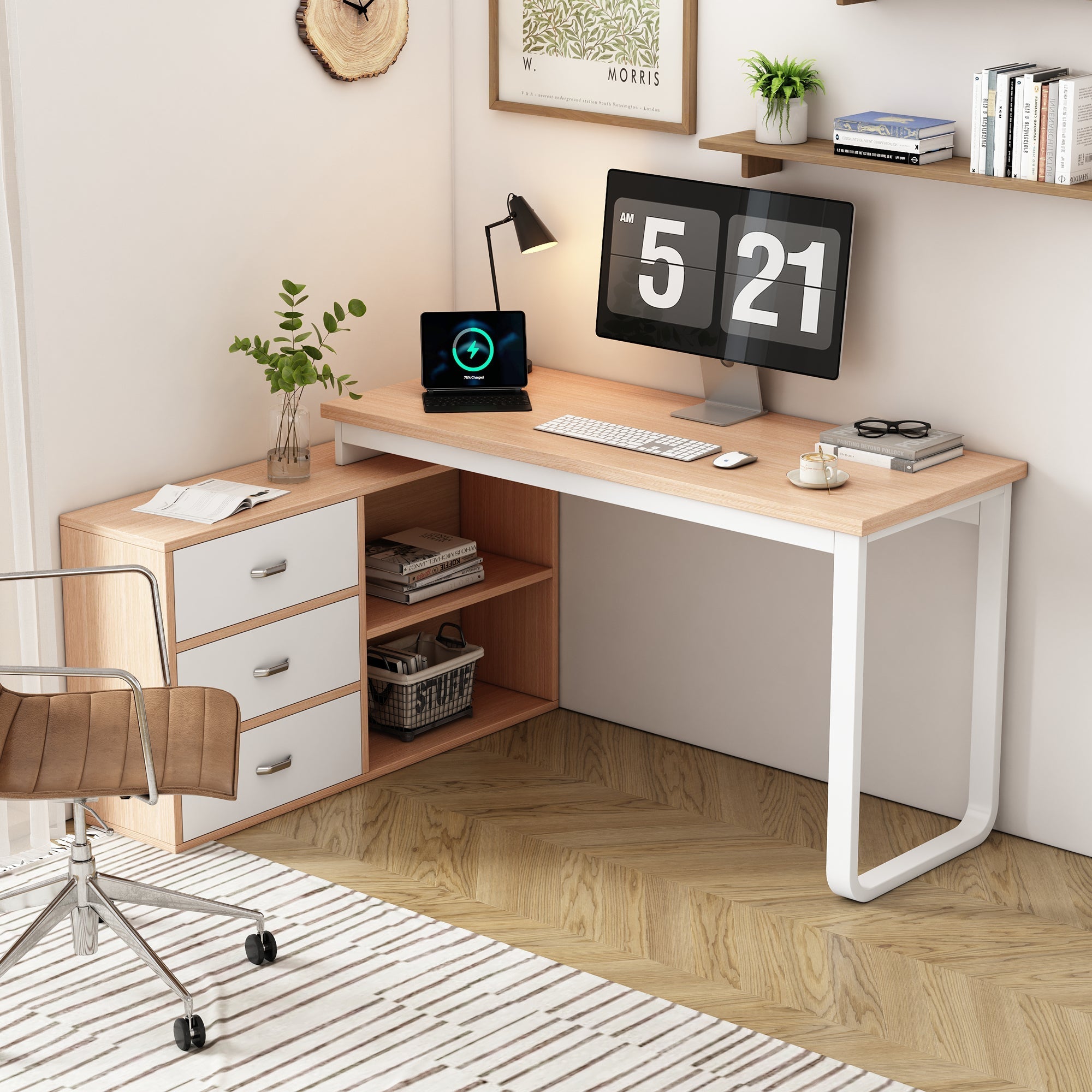 Simple Office Desk with 3 Drawers, 2 Open Shelves, Steel Frame - Natural