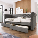 Vintage Upholstered Daybed 90x200cm with 2 Drawers, Grey Linen