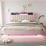 Upholstered Bed, 160*200 LED, USB, Storage, Floating, Linen Fabric, Beige