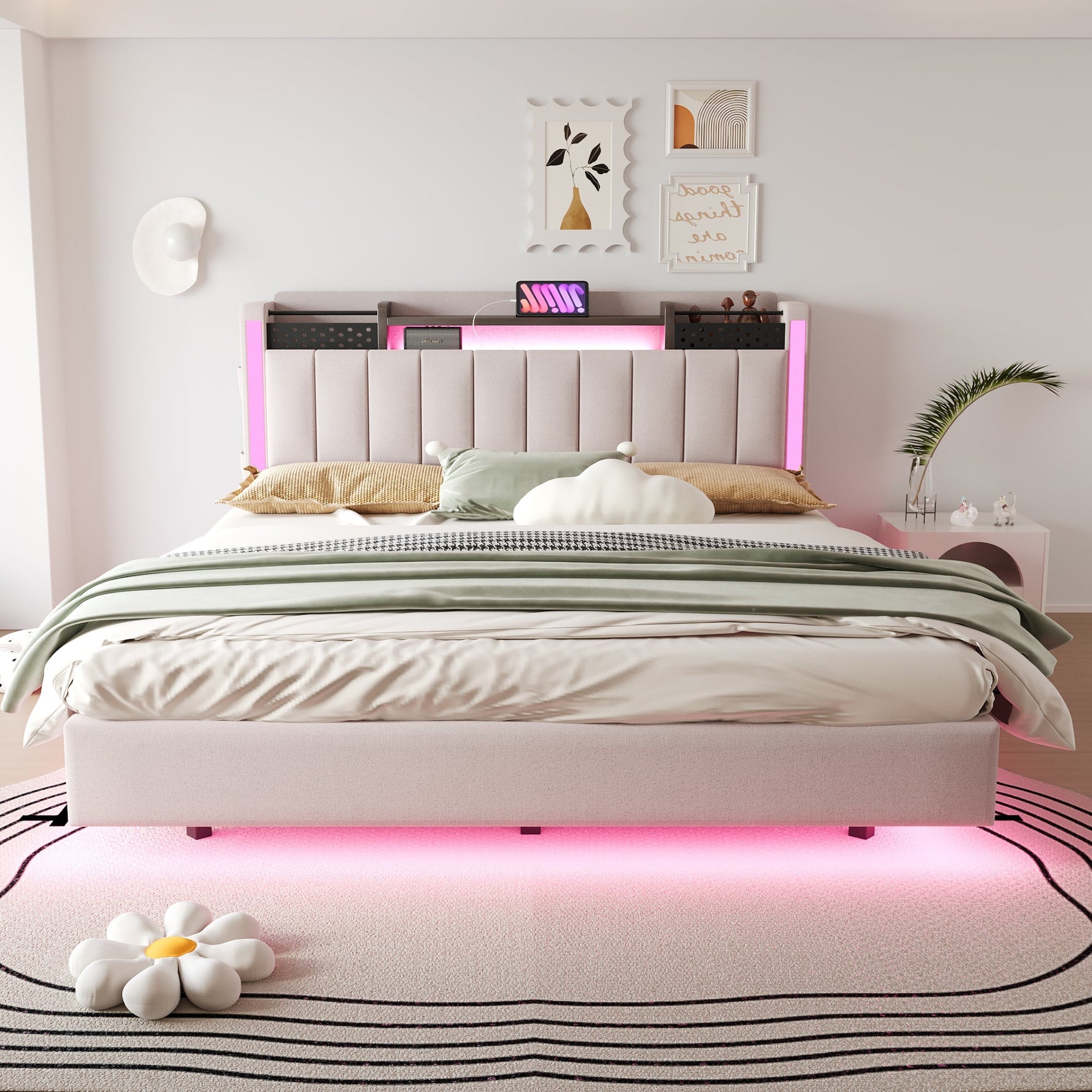 Upholstered Bed, 160*200 LED, USB, Storage, Floating, Linen Fabric, Beige