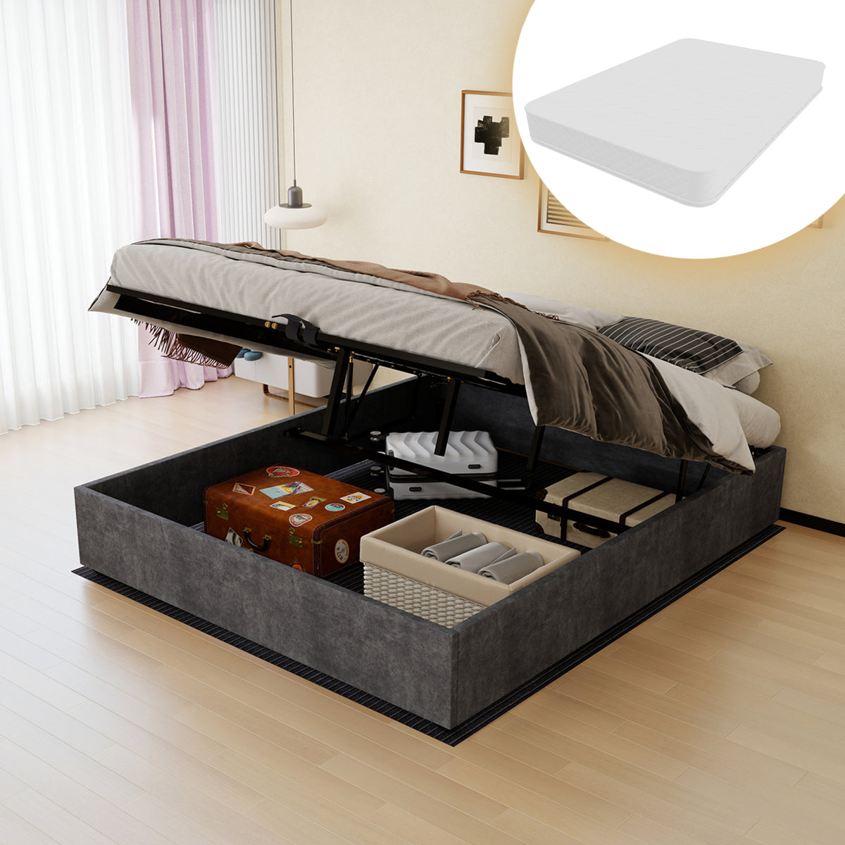 Modern Minimalist Bed Frame 160x200 with Mattress, Gray Velvet