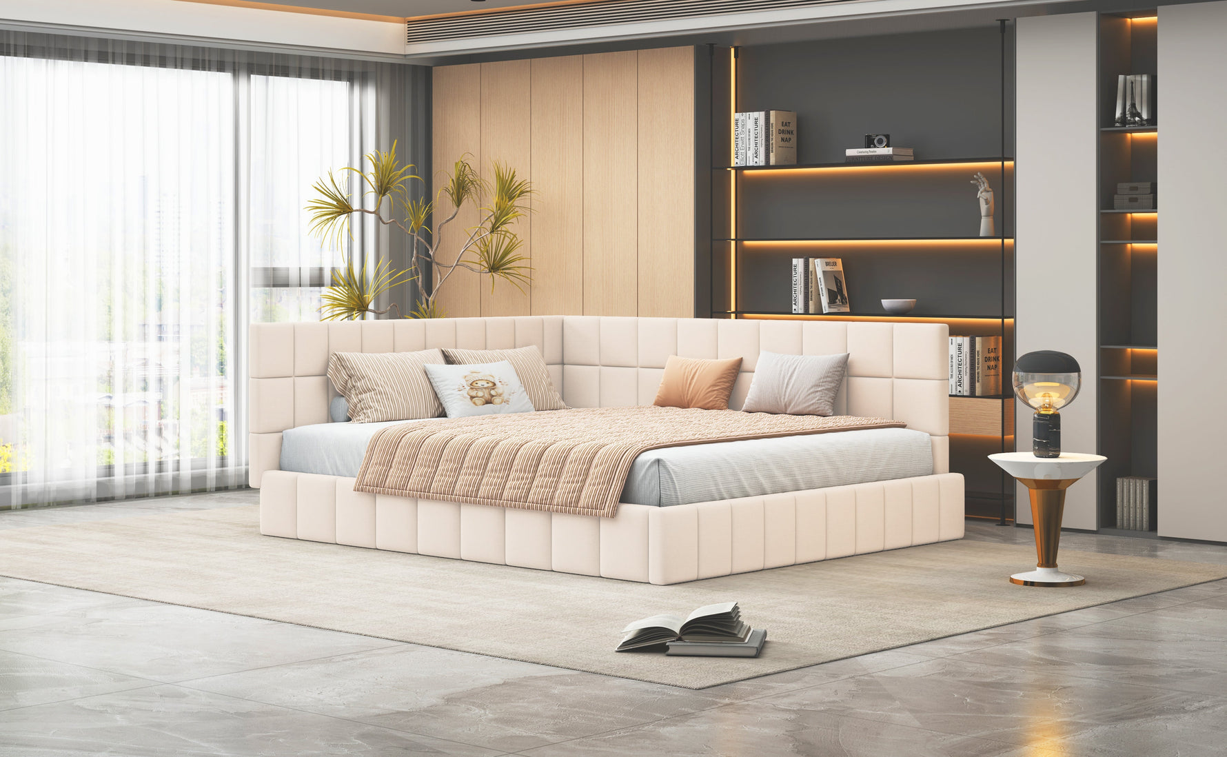 Upholstered Bed Sofa Bed 160x200 Multifunctional Slatted Frame Velvet Beige