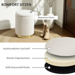 Storage Ottoman Round Footstool Lid Steel Base, Corduroy Cream White
