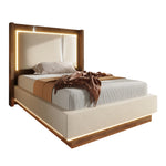 Youth Upholstered Bed 90x200 LED Bed Box - Linen Beige & Walnut