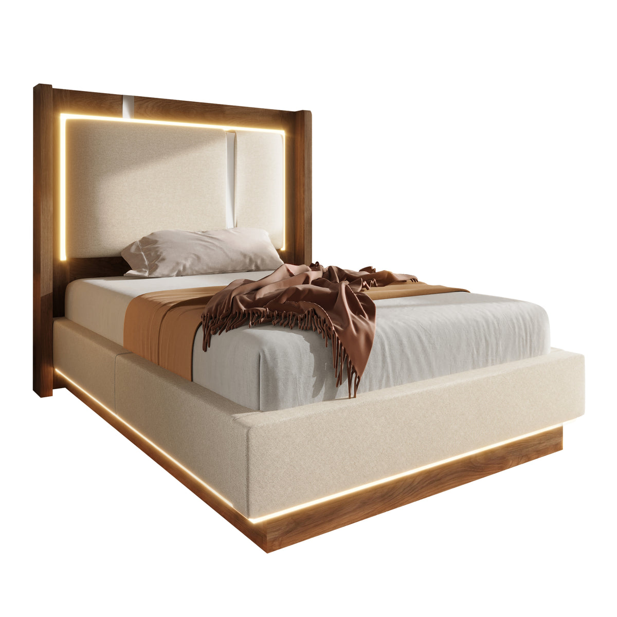 Youth Upholstered Bed 90x200 LED Bed Box - Linen Beige & Walnut