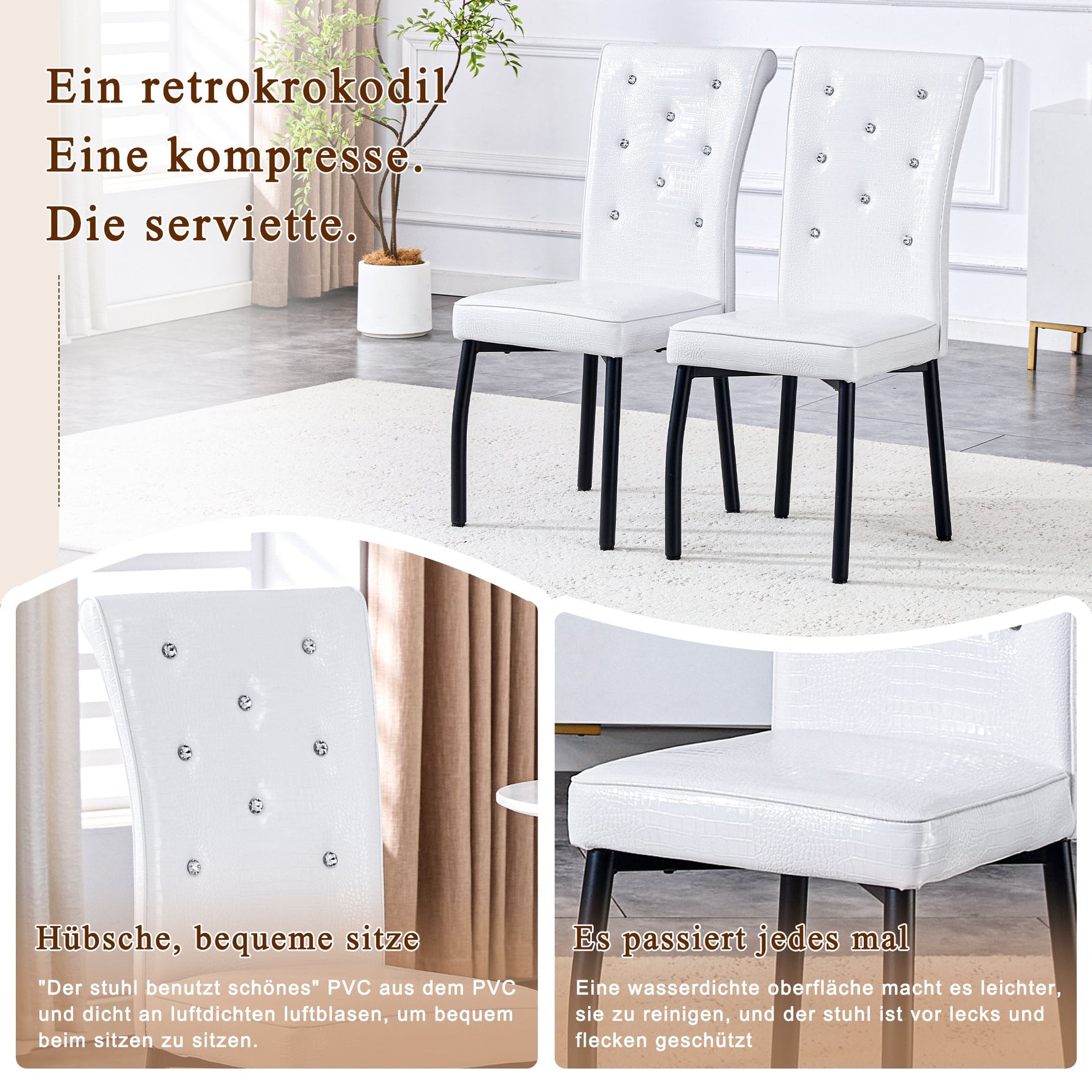 Set of 2 Dining Seats Soft Retro Crocodile Pattern Crystal Clasps White and Black Faux Leather