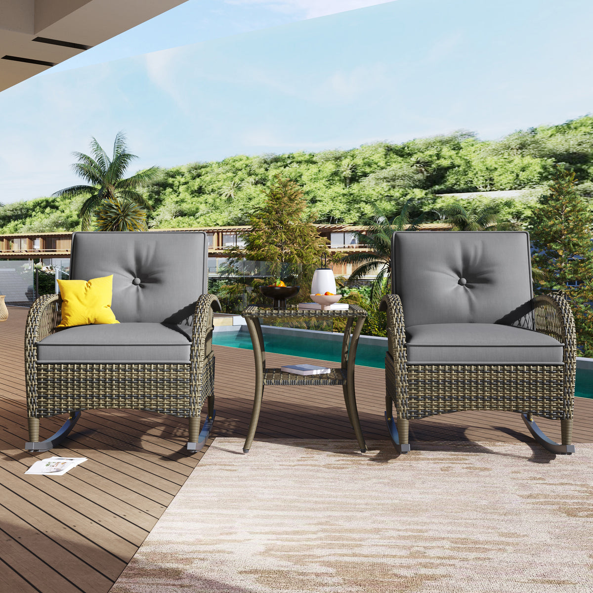3-Piece Balcony Furniture Set with Cushions, Grey Rattan