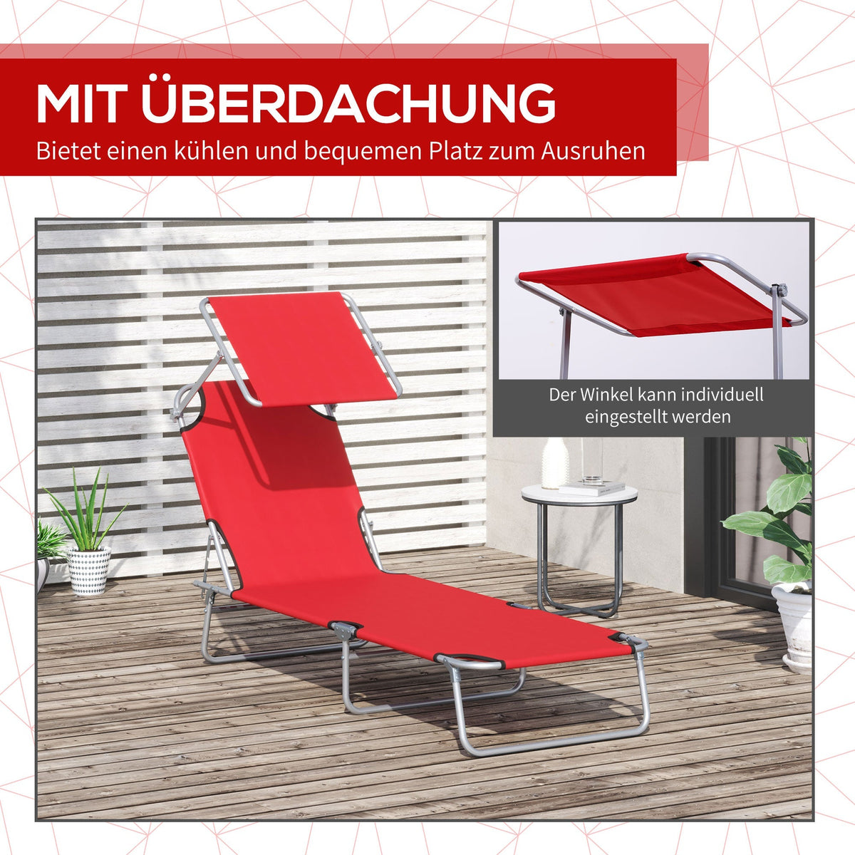 Sun Lounger Folding Portable with Sunshade, 187cm Red