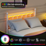 Metal Bed Frame 120x200cm, Vintage Headboard & Footboard with USB & LED, Heavy-Duty Steel, White