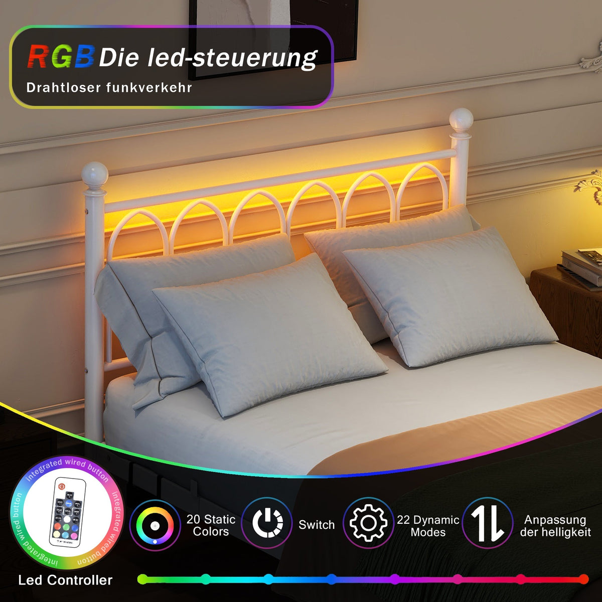 Metal Bed Frame 120x200cm, Vintage Headboard & Footboard with USB & LED, Heavy-Duty Steel, White