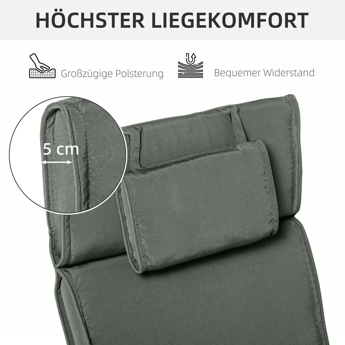 Lounger Cushion, Garden, Removable Headrest, Polyester Cotton Fibre, Grey