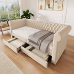 Vintage Upholstered Sofa Bed, 90x200 cm, 2 Storage Drawers, Linen Beige