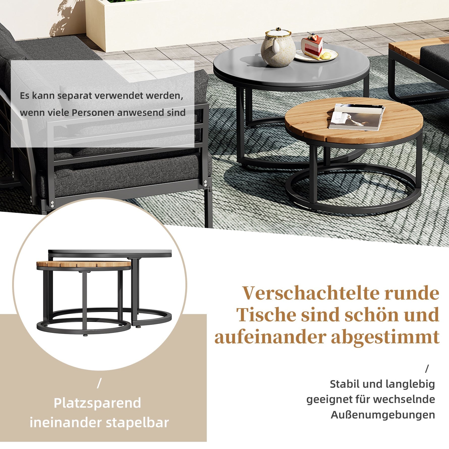Garden Furniture Set 4-5 Seater with 2 Stackable Coffee Tables Adjustable Legs Galvanized Iron Grey