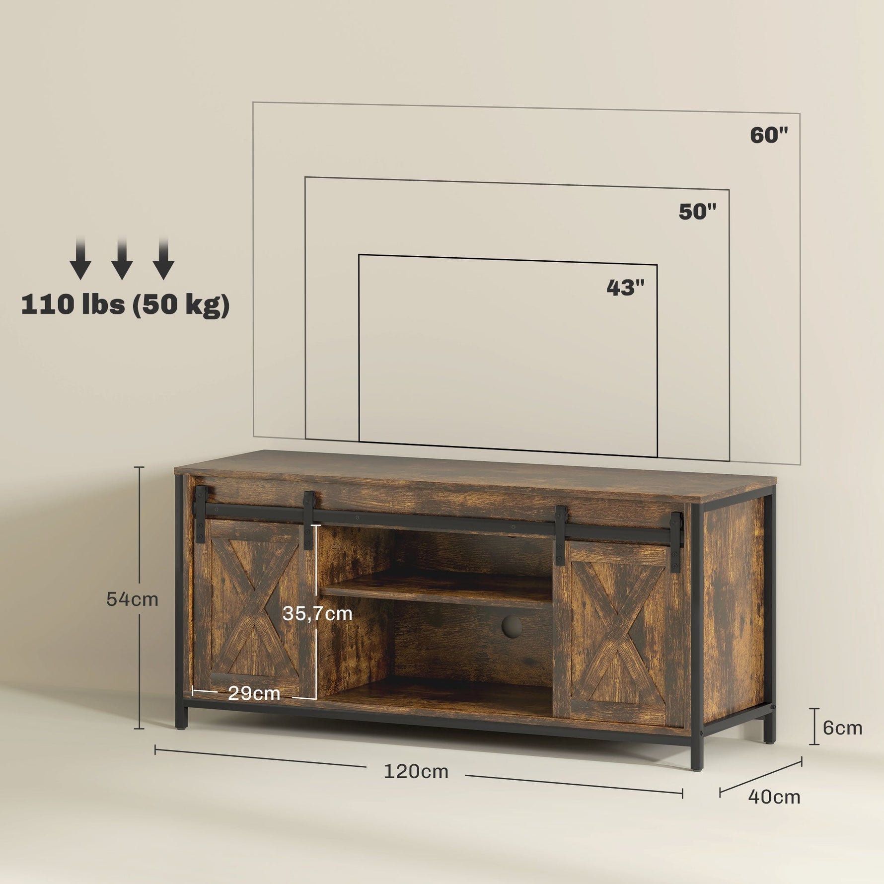 TV Cabinet, Stand for TVs up to 60 inches, 2 Cabinets 2 Shelves, Brown