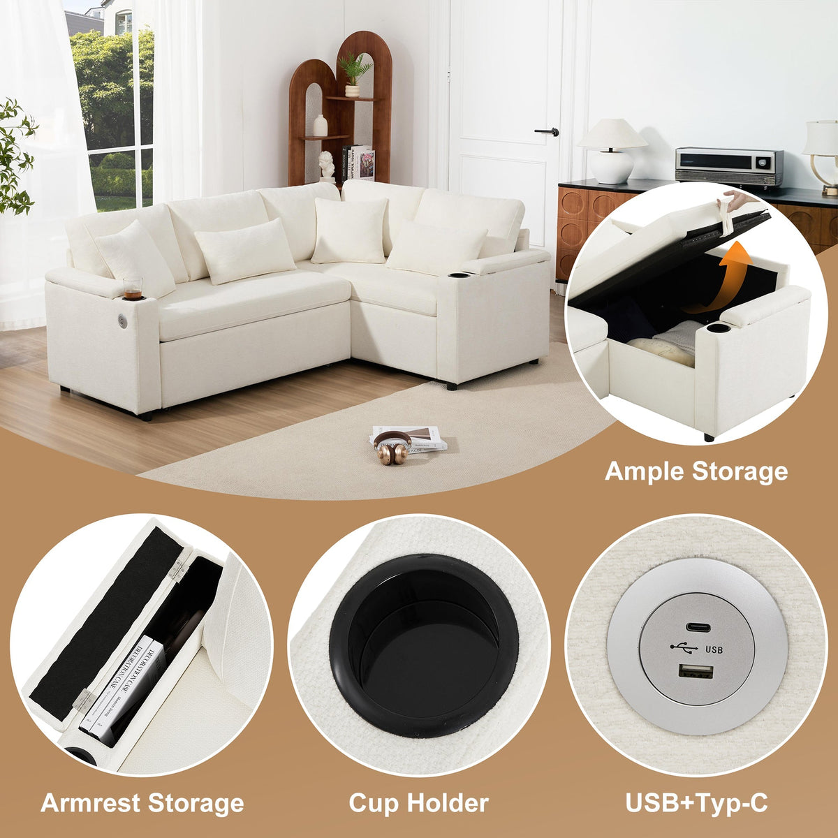 L-Shaped Corner Sofa, Extendable Chaise Storage Cup Holders USB Armrest, Beige