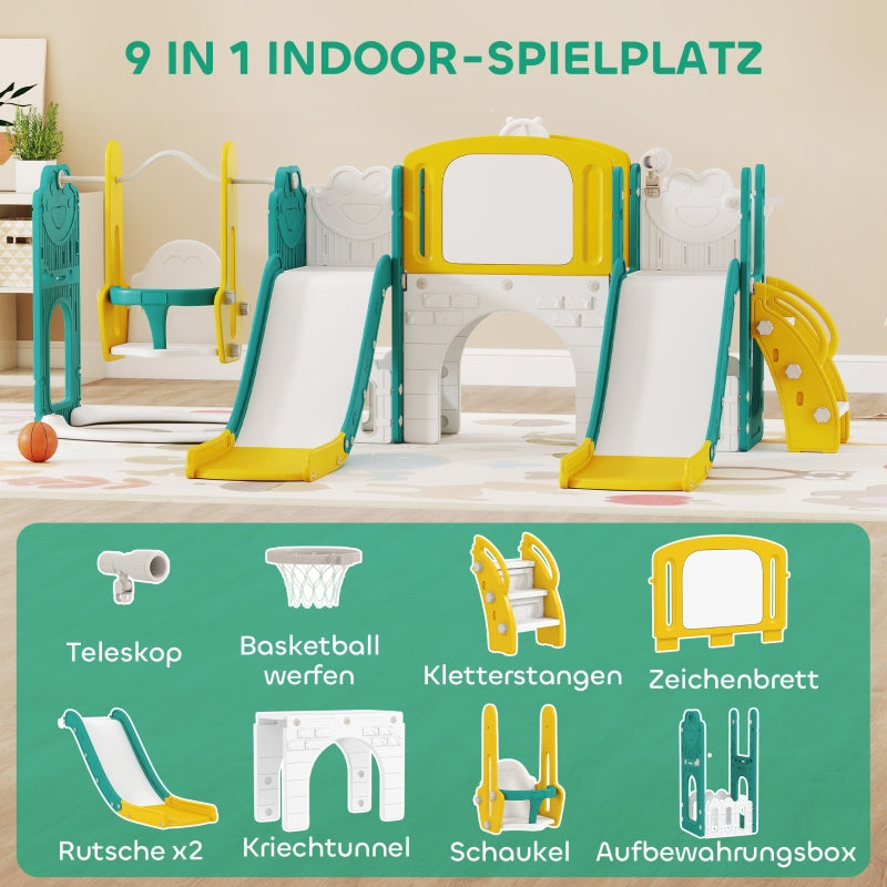 9-in-1 Toddler Slide and Swing Set with Basketball Hoop, Telescope and Drawing Board, Yellow and Green