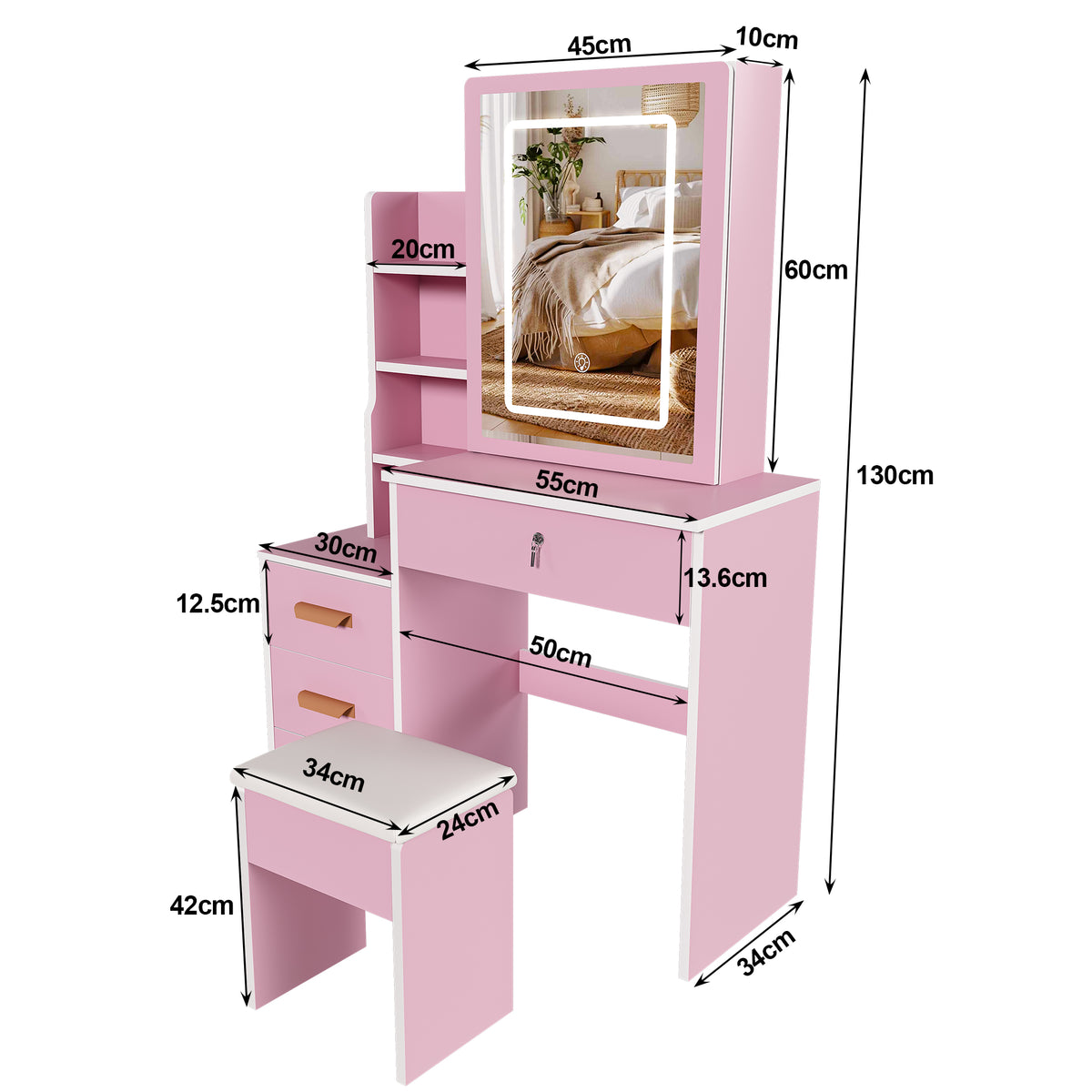 Dressing Table Set with LED Mirror, Stool & 4 Drawers, Pink