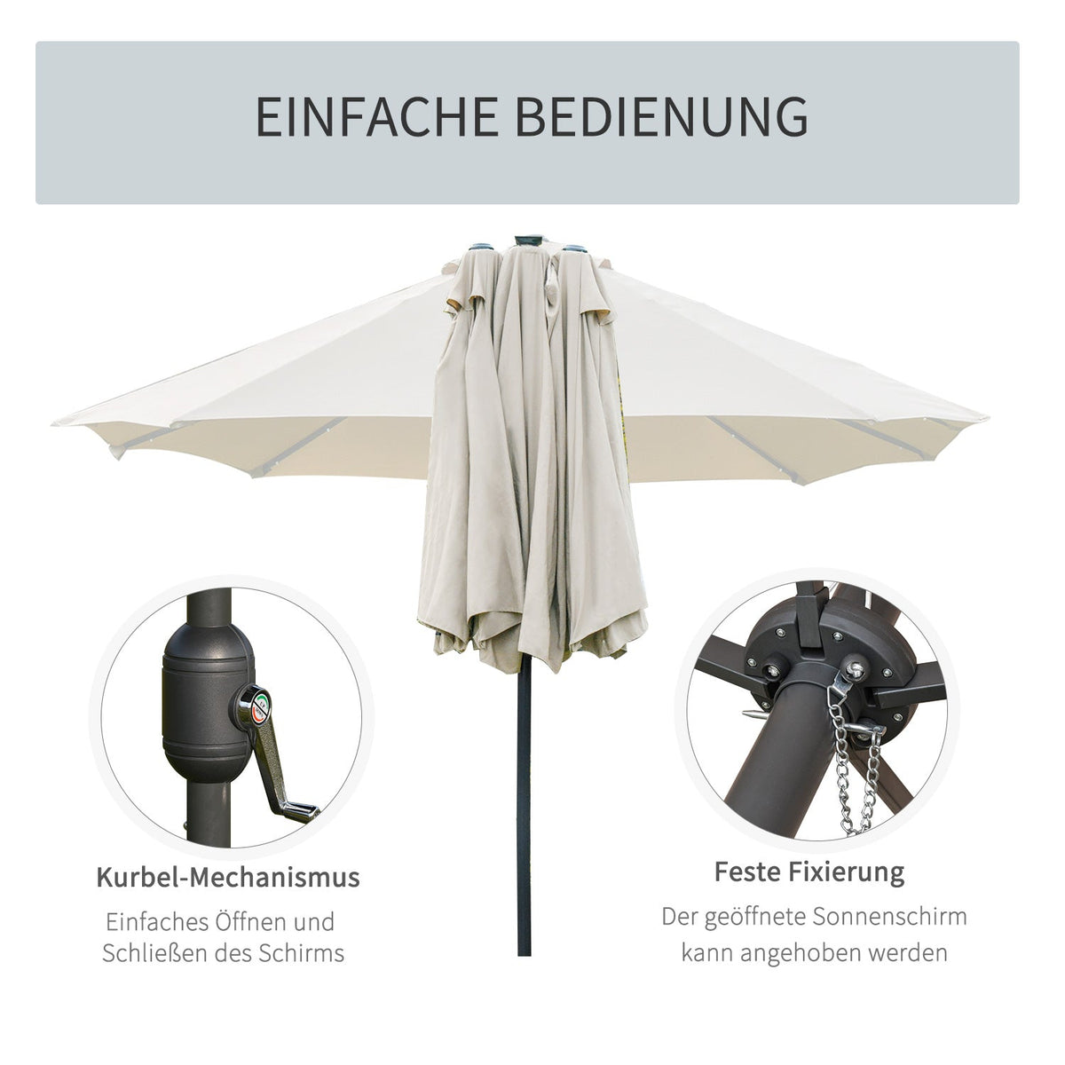 Double Parasol LED, 440 x 256 cm, Hand Crank, Cream White