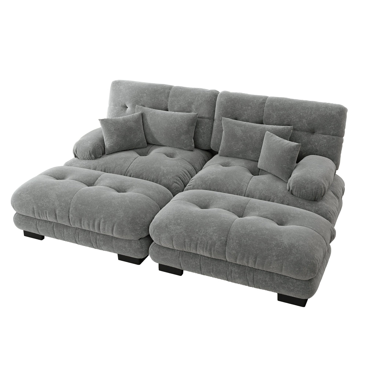 Cloud Corner Sofa, Double with Lumbar & Decorative Pillows, Wide Armrests & 2 Ottomans, Chenille Grey