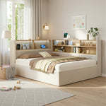 Daybed with Hydraulic Storage, LED, USB and Backrest, 140x190cm, Beige Velvet