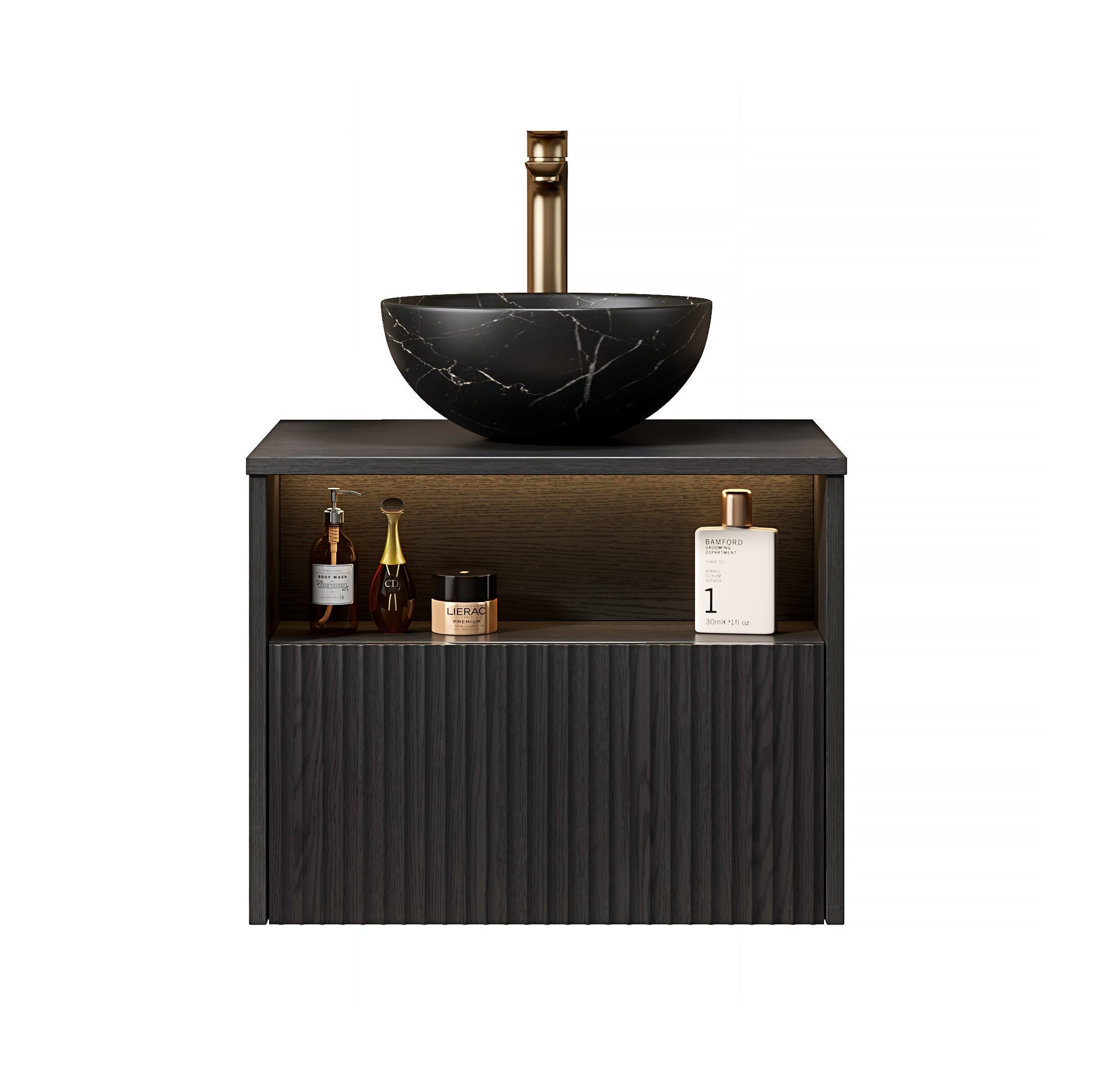 Floating Bathroom Washbasin with Ceramic Bowl and Sensor Light, 60cm Plywood Cabinet, Black