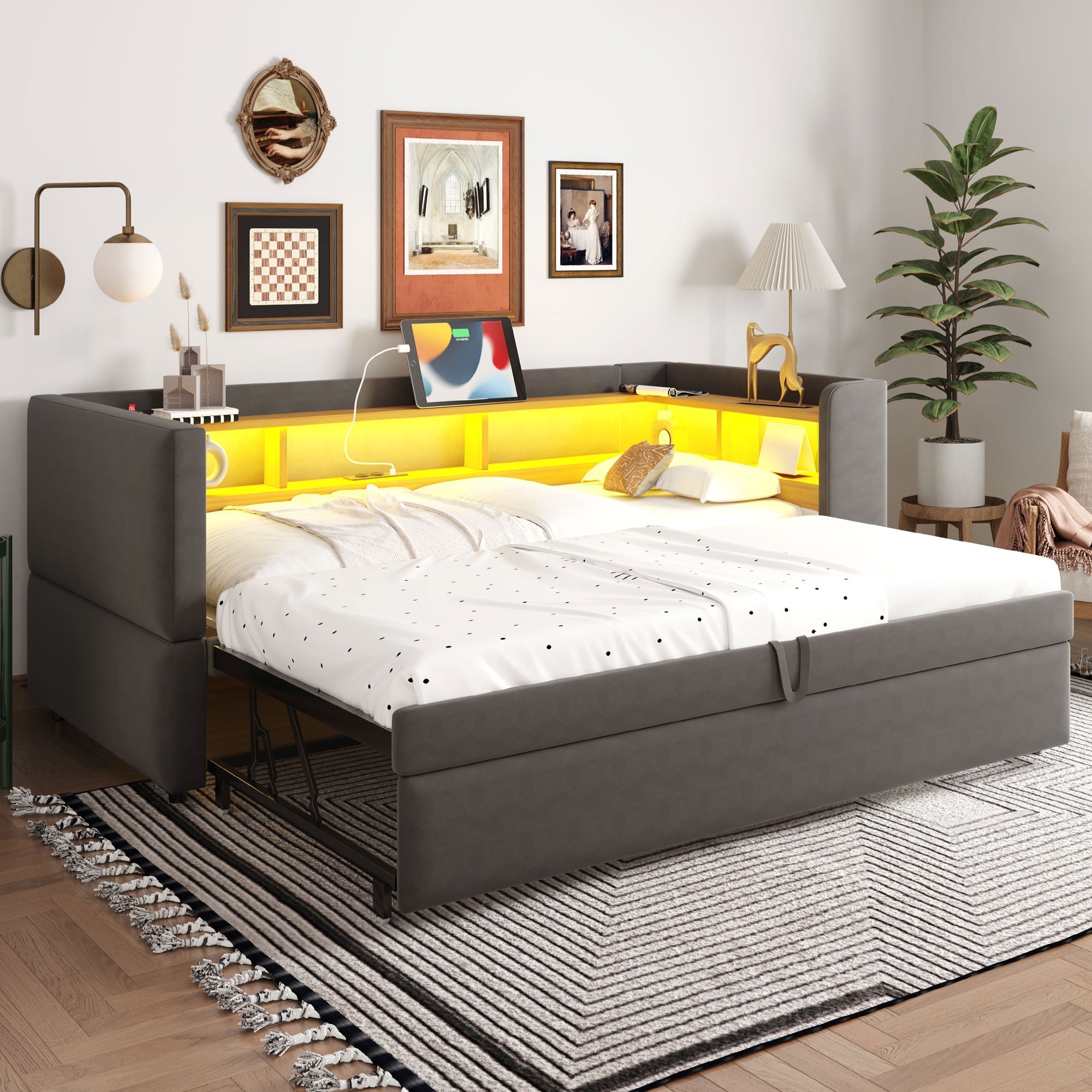 Upholstered Sofa Bed Extendable 90/180*190cm, LED Lights, Storage, Dark Grey
