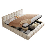 Upholstered Double Bed with Light Strip and Hydraulic Storage, 180x200cm, Beige Velvet Fabric