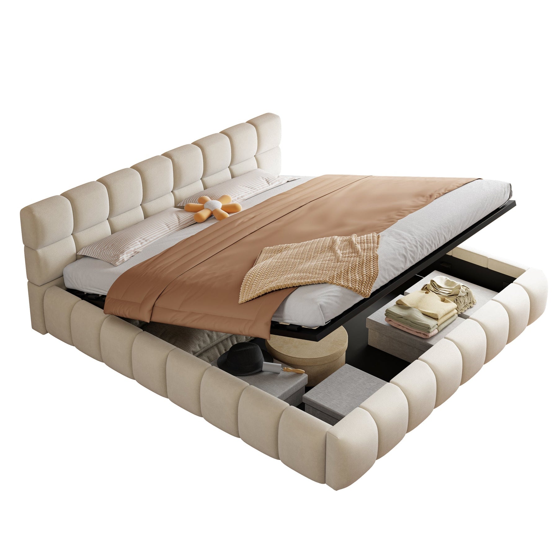 Upholstered Double Bed with Light Strip and Hydraulic Storage, 180x200cm, Beige Velvet Fabric