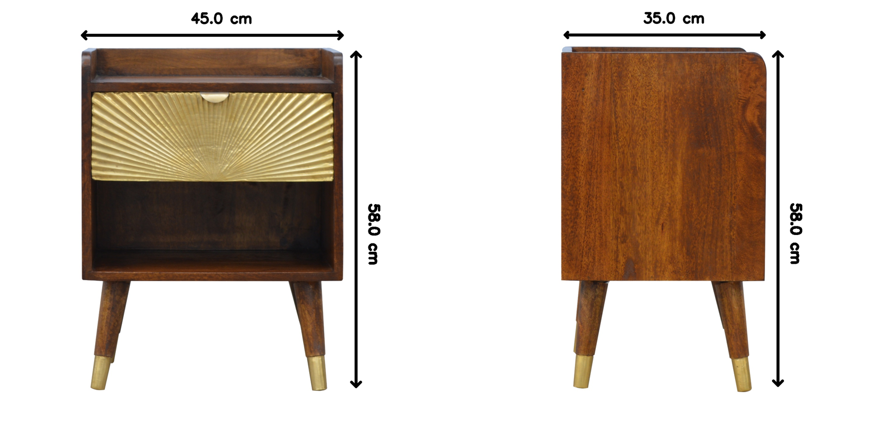 Solid Wood Manila Gold Bedside, One Drawer, 1 Shelf, Dark Brown & Golden