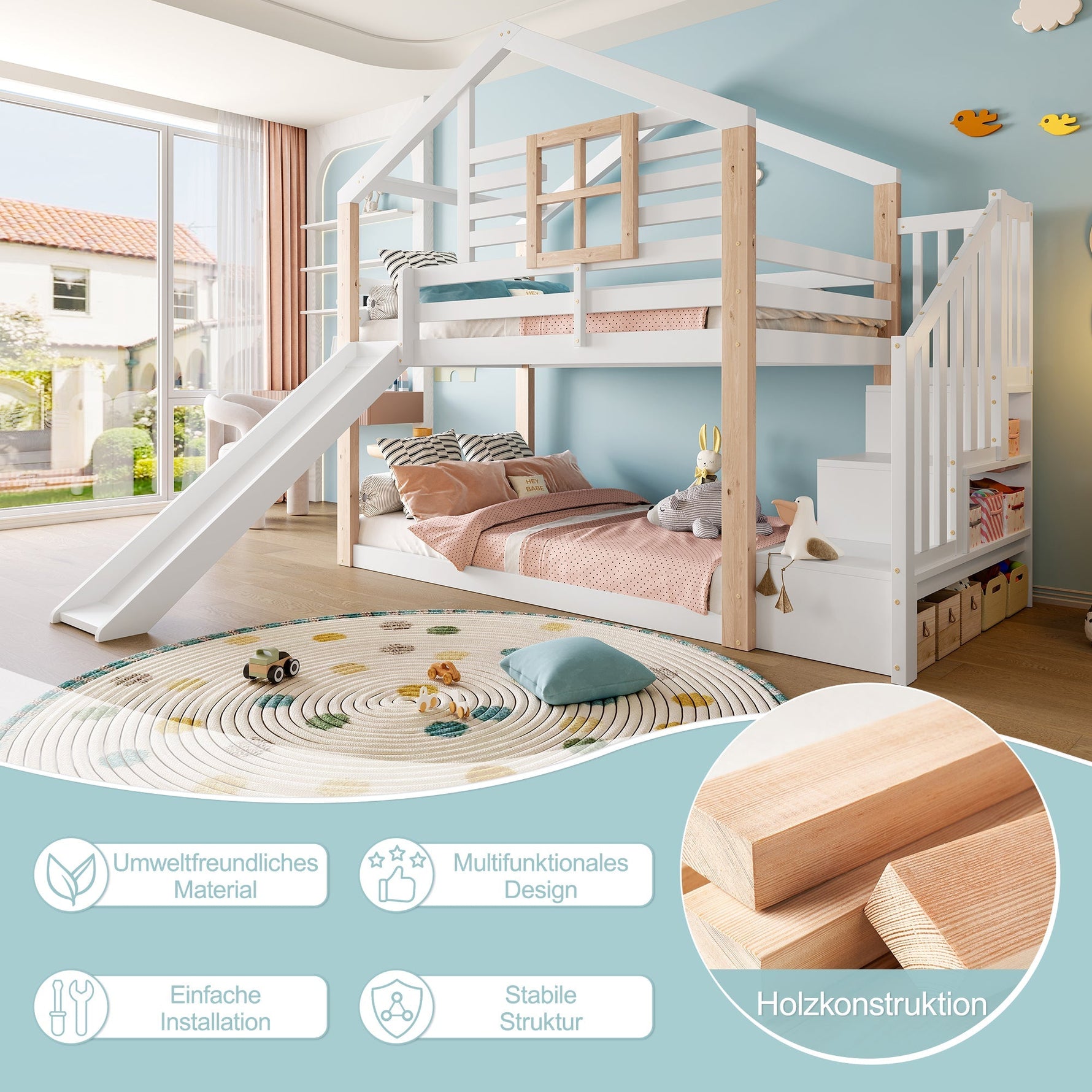 Children's Bunk Bed Slide Stairs Storage Scandinavian Solid Wood