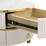 Coffee Table, 2-in-1 Round MDF & Tempered Glass with 2 Drawers, White & Brown