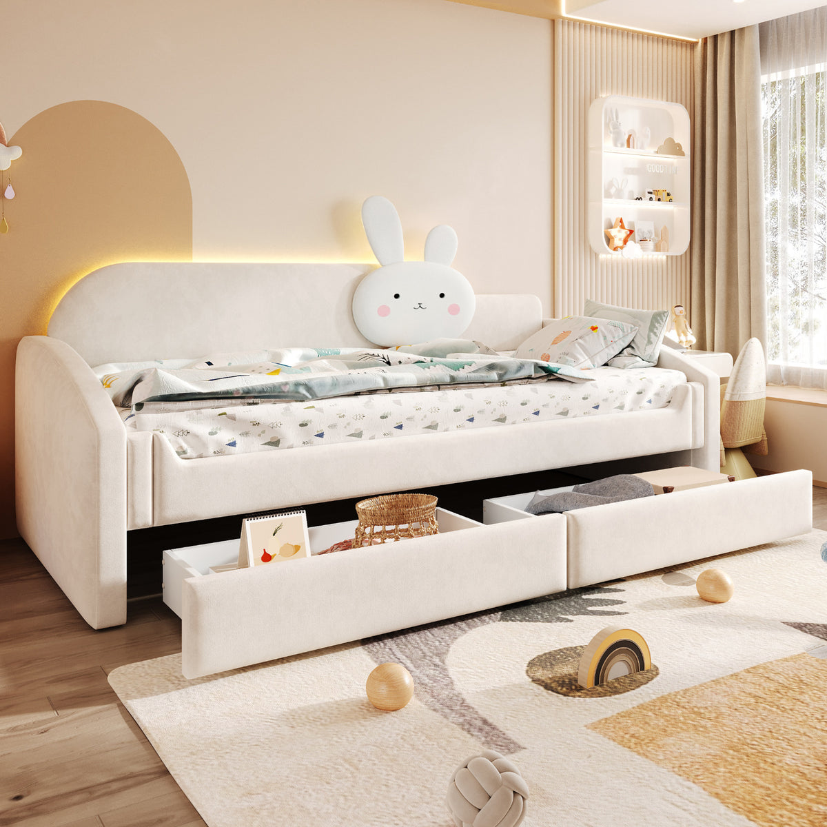 Children's Sofa Bed 90x200 with Storage & LED, Beige Velvet