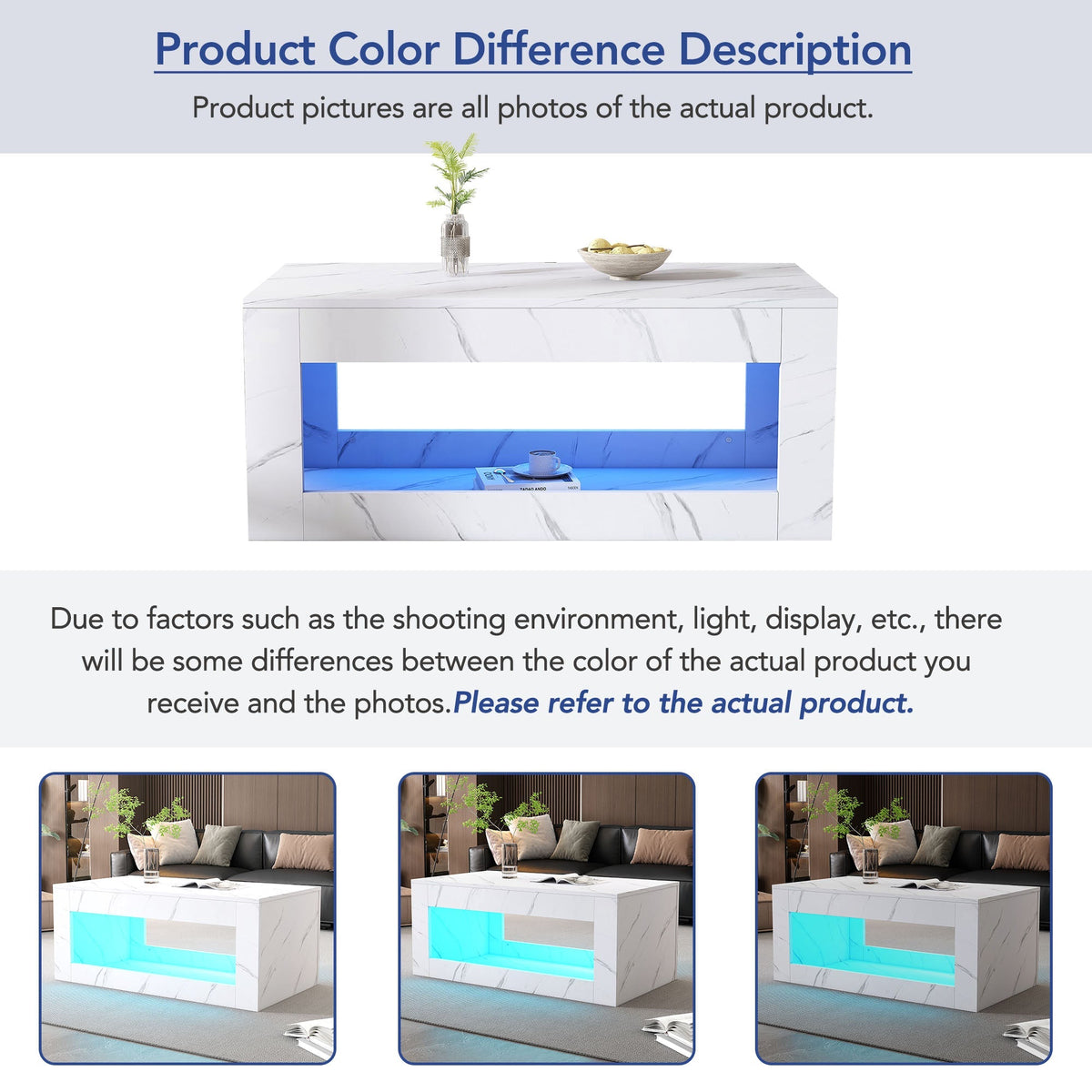 LED Coffee Table High-Gloss Remote Control Marble Print - White