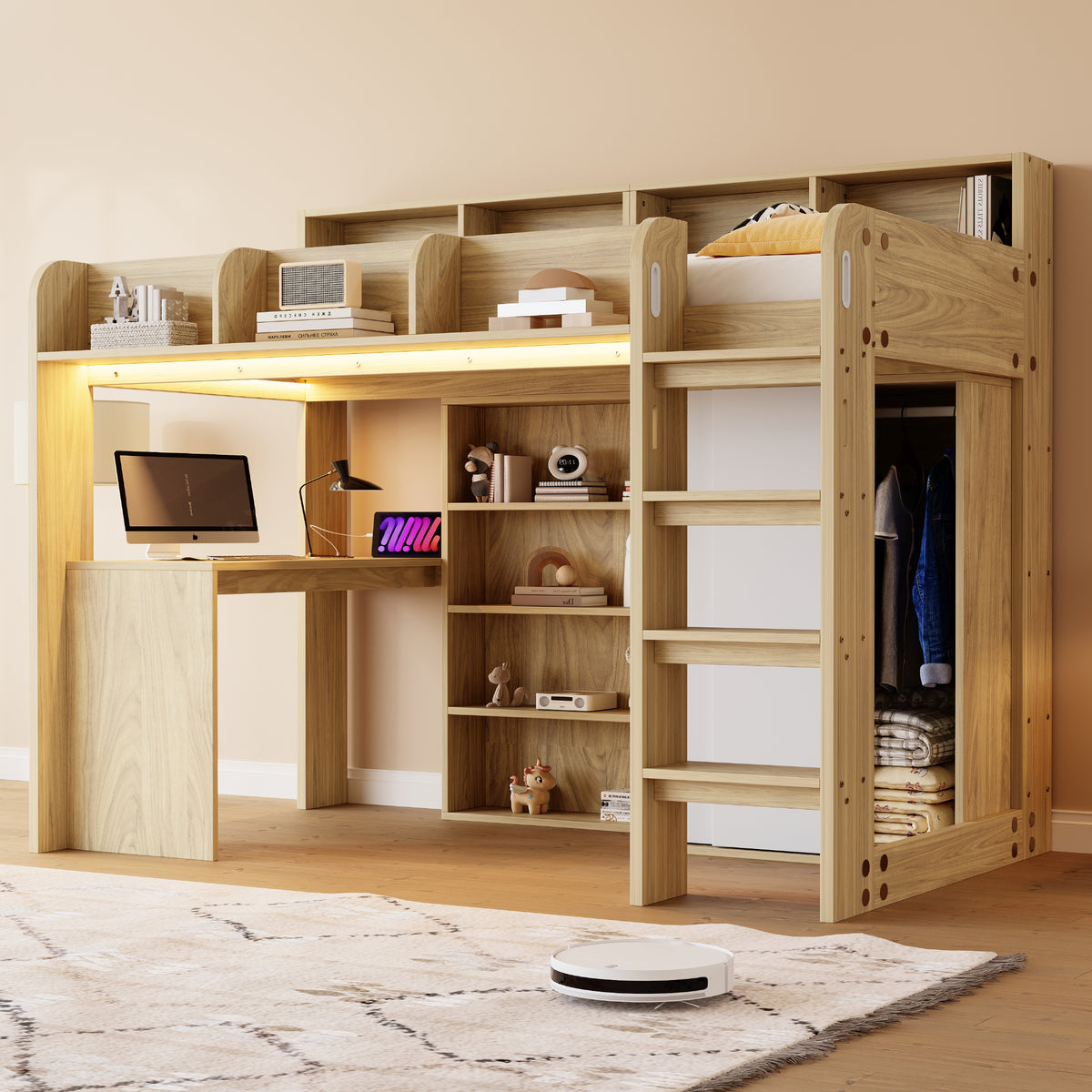 Multifunctional Loft Bed 90x200cm with Desk & Wardrobe, Wood