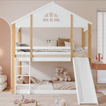 Bunk Bed with Windows, Slide, Safety Railings, 90x200cm, Solid Wood, White/Natural