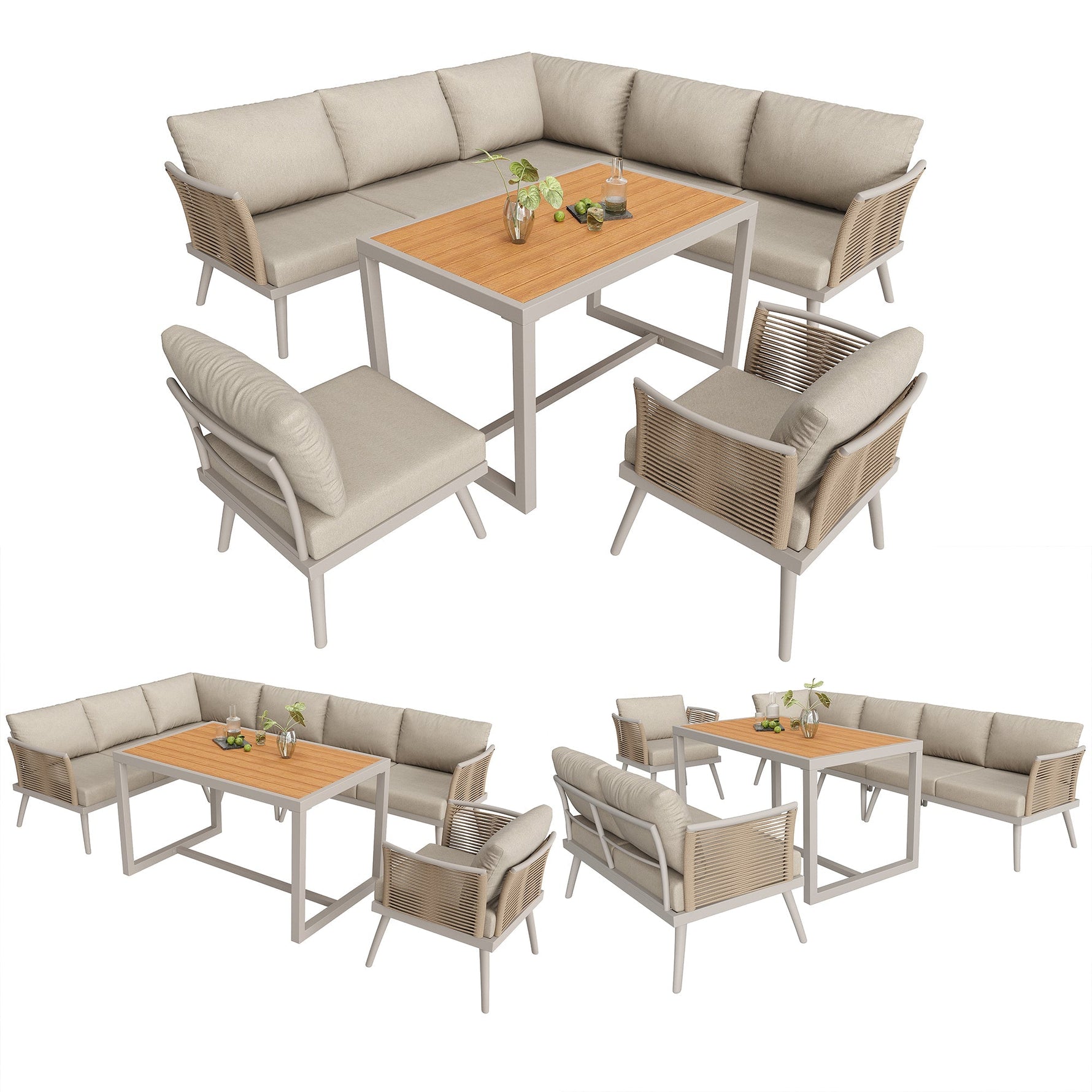 L-Shaped Garden Sofa Set with Coffee Table and Armchair, Seven-Seater Weatherproof Iron, Grey and Beige