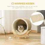 PawHut Cat Cave with Shelf Bed Scratching Pad, Pinewood Flannel, Khaki Natural & Beige