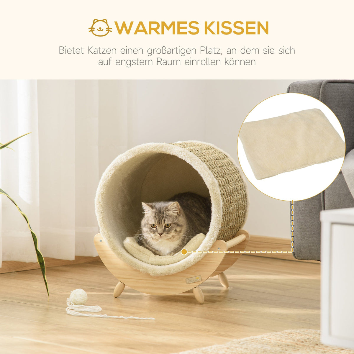PawHut Cat Cave with Shelf Bed Scratching Pad, Pinewood Flannel, Khaki Natural & Beige