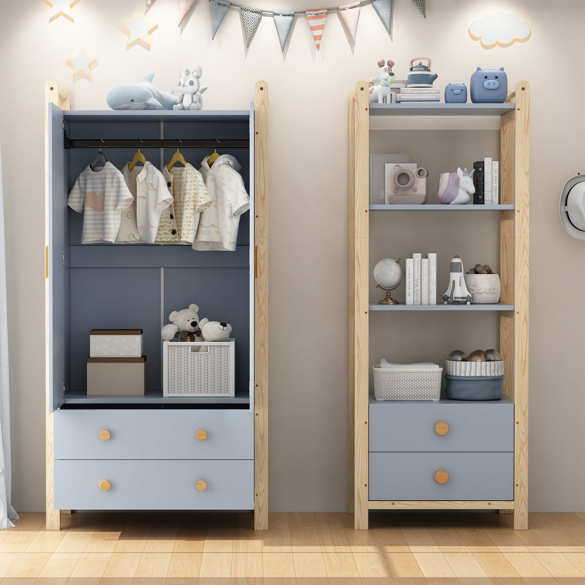 Double-Door Wardrobe Combination Set with Clothes Rail and Drawers, Spruce Wood, Blue/Natural Wood, 180cm