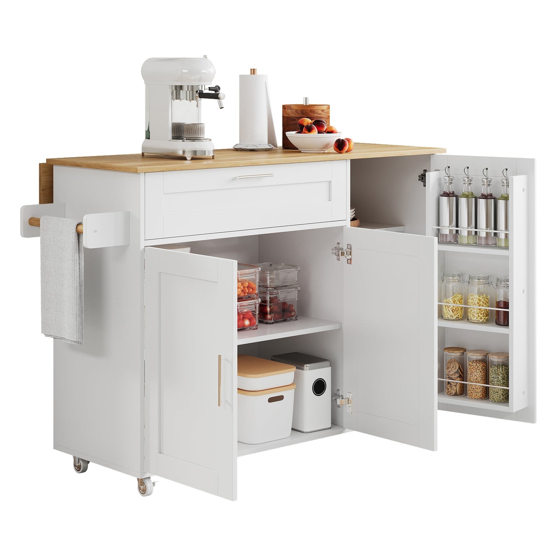 Mobile Kitchen Table 132.5cm Folding Worktop Storage Spice/Towel Rack - Oak Grain