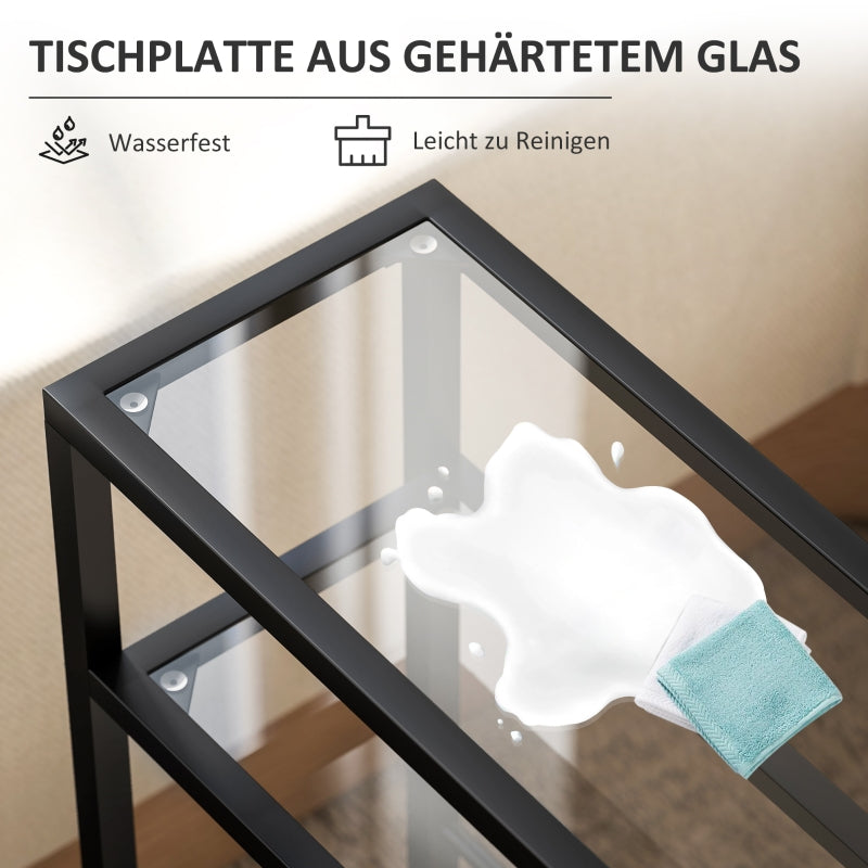 Side Table, 3 Levels Tempered Glass with Steel Frame, Black