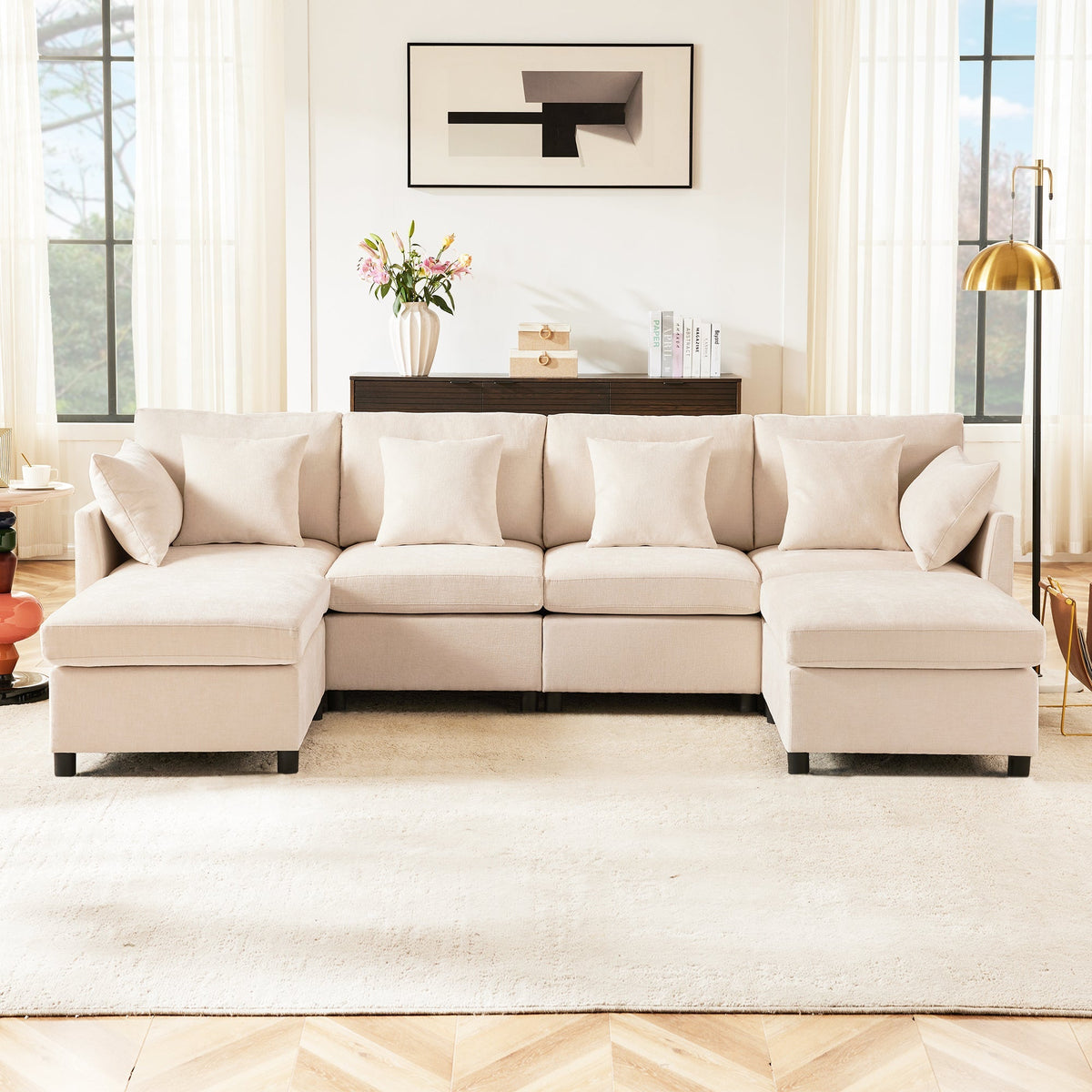 Modern Chenille Sofa Modular Detachable Footstool L-Shaped U-Shaped, Chenille