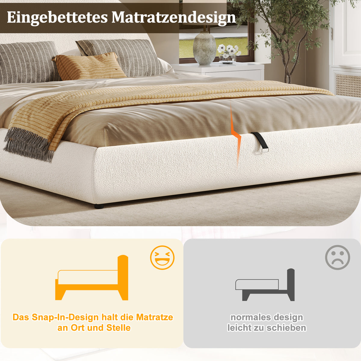 Upholstered Double Bed 180x200cm with Storage, White Bouclé