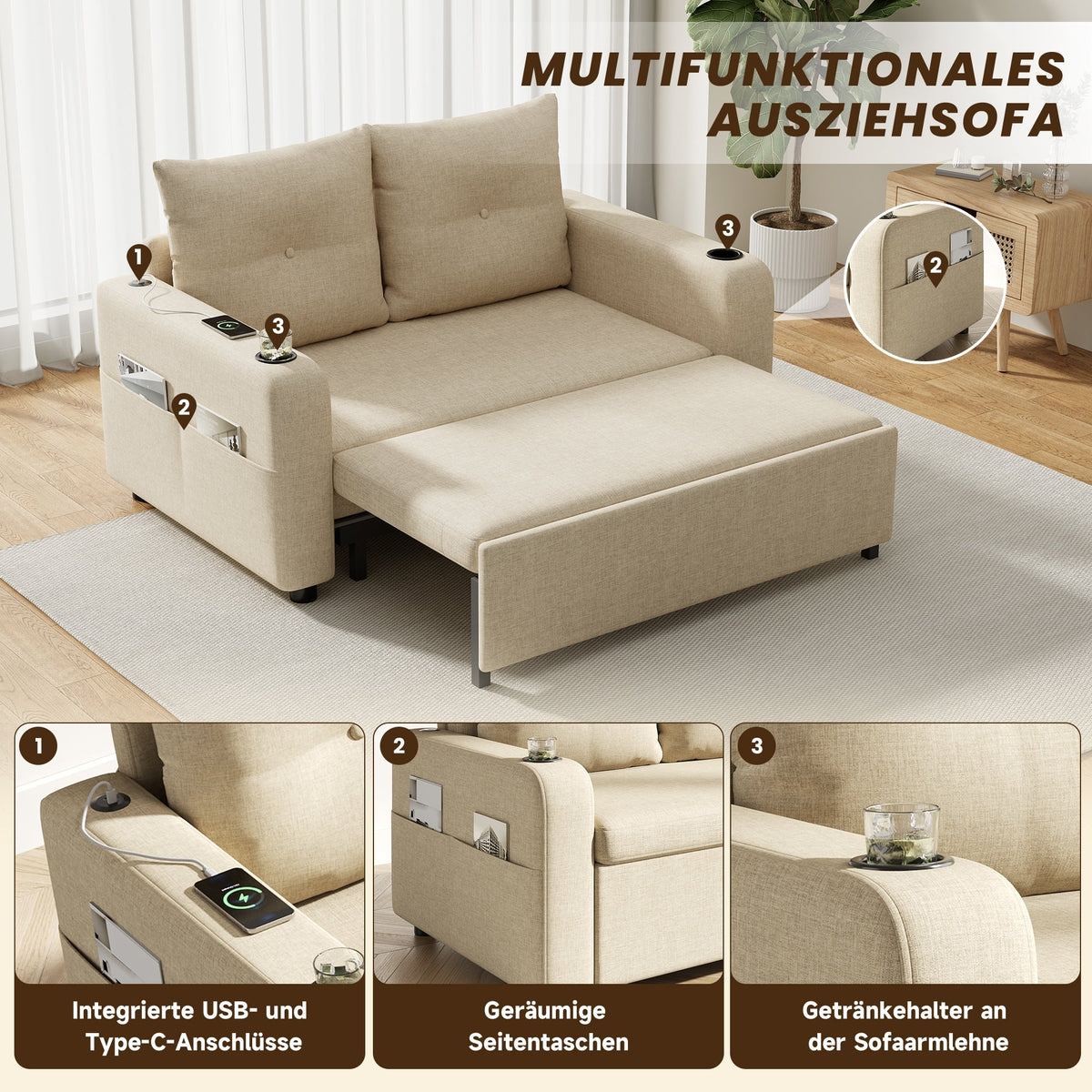3-in-1 Sleeper Sofa with Pull-Out Bed, Cup Holder, USB Port and Side Pockets, Beige Cotton Linen