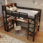 Loft Bed 90x200 cm with Desk, Shelves & Clothes Rack, Black