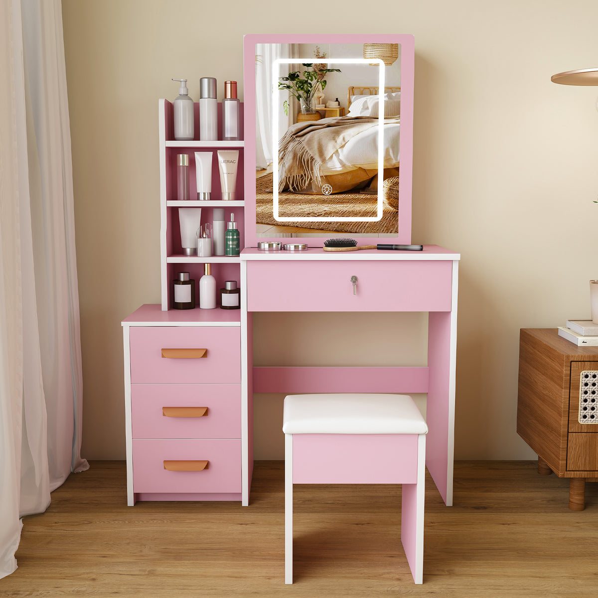 Dressing Table Set with LED Mirror, Stool & 4 Drawers, Pink