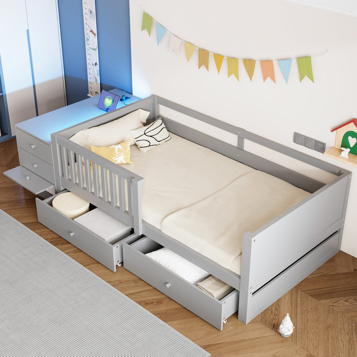 Children's Bed 90x200cm with Desk, LED & Storage Drawers, Grey